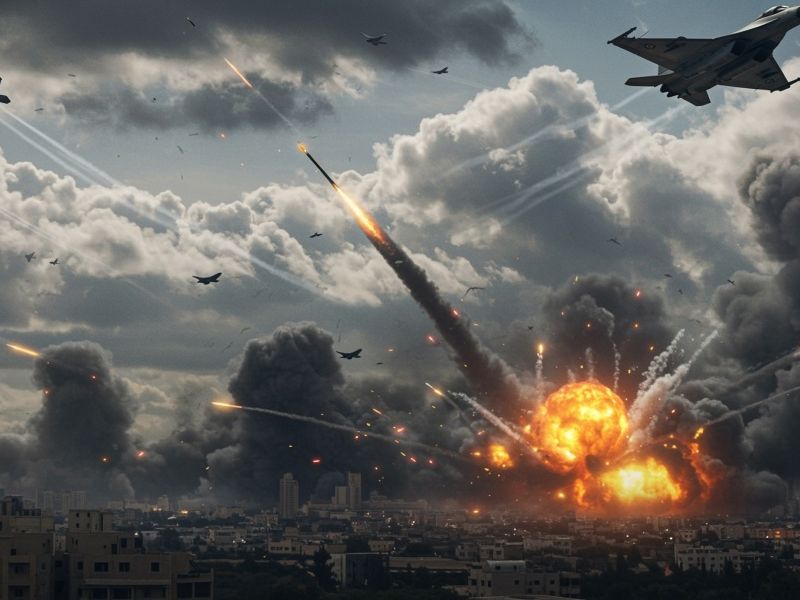 مشهد حربي واقعي بين إسرائيل وإيران، صراع عسكري حديث، مقاتلات في السماء، صواريخ تطلق، وأعمدة الدخان تتصاعد.