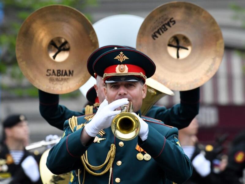 A Russian military band performs at Red Square during the general rehearsal of the Victory Day military parade in Moscow on May 6, 2018. Russia marks the 73rd anniversary of the Soviet Union's victory over Nazi Germany in World War Two on May 9.
Kirill KUDRYAVTSEV / AFP