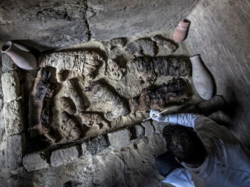 An Egyptian archaeologist cleans mummified cats. (KHALED DESOUKI / AFP)