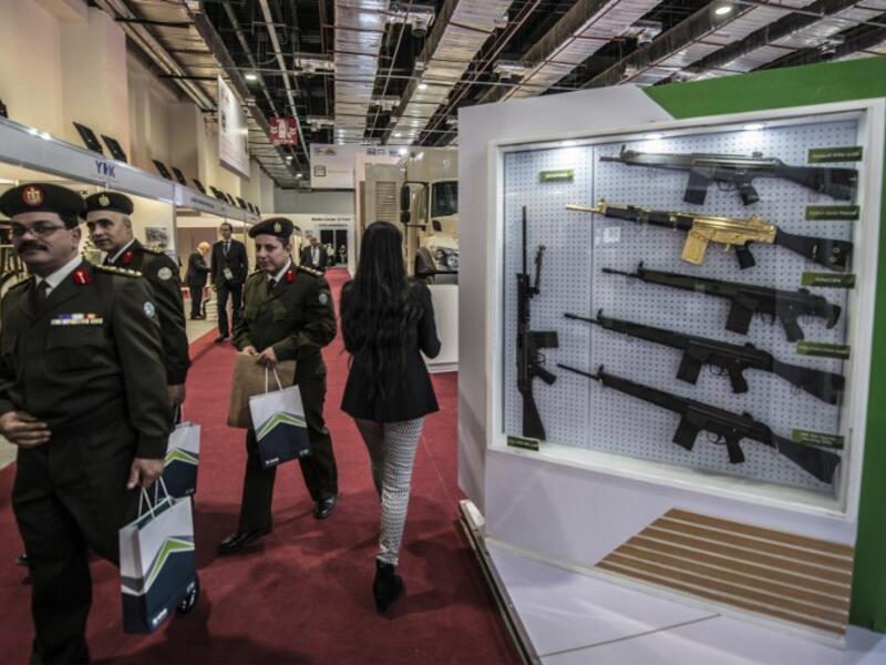 A gold plated weapon displayed at the Pakistani stand during Egypt’s first Service Defence Exhibition in Cairo on December 3, 2018, at the International Exhibition Center. 
Khaled DESOUKI / AFP