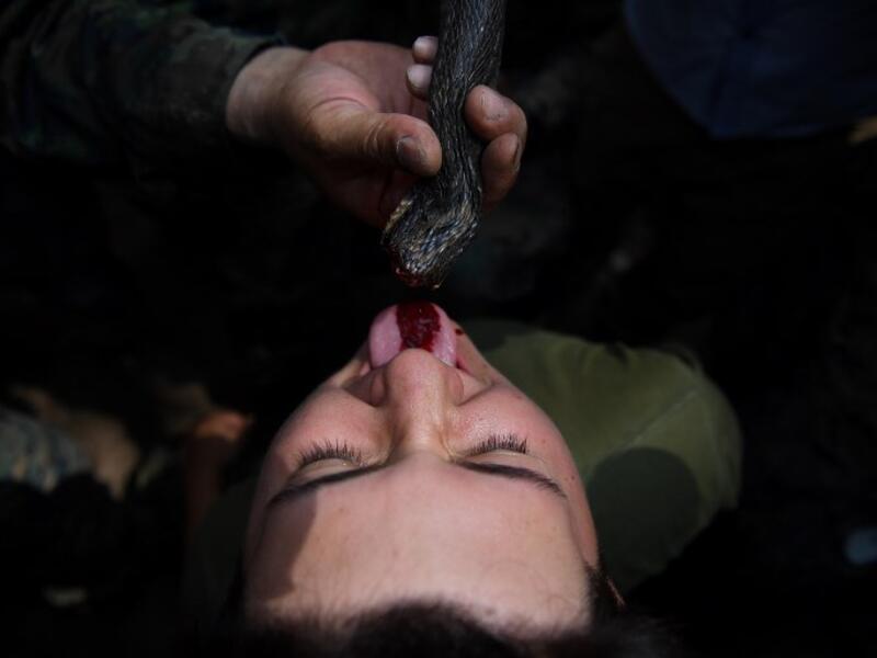 A US Marine drinks snake blood during a jungle survival training with Thai soldiers in the joint 'Cobra Gold' military exercise in Chantaburi province 
Lillian SUWANRUMPHA / AFP