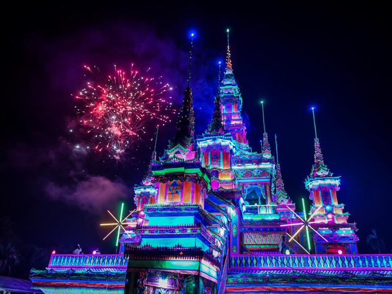 Fireworks explode over a makeshift palace during abbot Kay Lar Tha's funeral in Mudon, Mon State. 
Ye Aung THU / AFP