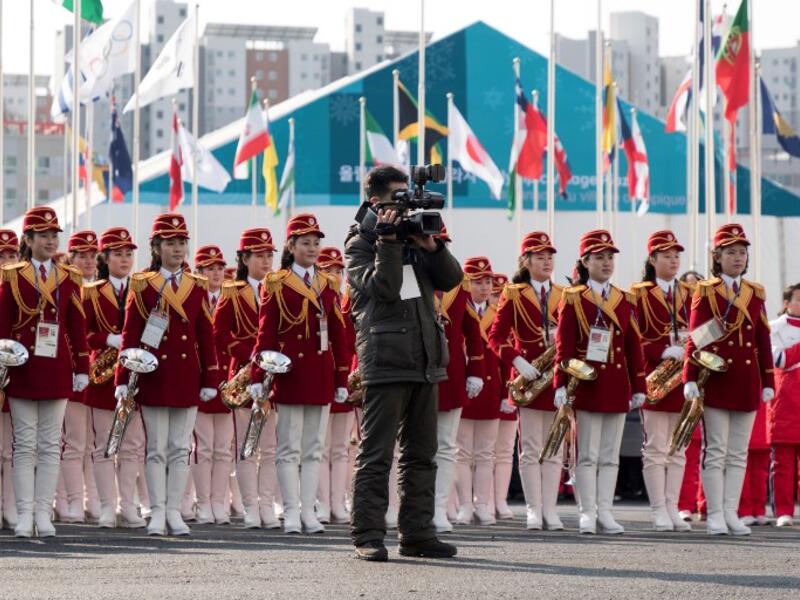 A North Korean cheering band attends a welcoming ceremony for North Korea's athletes at the athletes' village in Gangneung on Feb. 8, 2018, ahead of the Pyeongchang 2018 Winter Olympic Games (YELIM LEE / AFP)