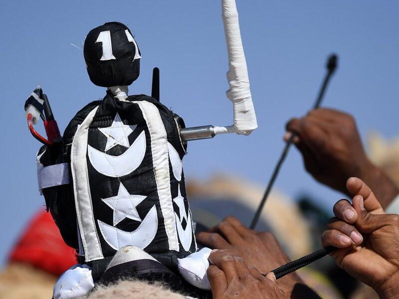 A 'jockey robot' on top of a camel ahead of a race (Twitter) 