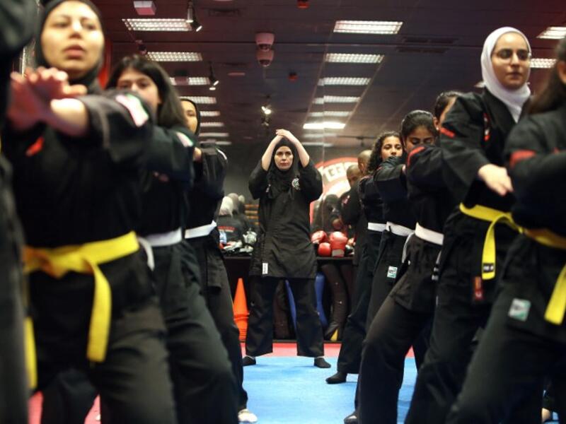 Kuwaiti women practise hybrid martial art Kajukenbo in a club in Kuwait City.
Yasser Al-Zayyat / AFP