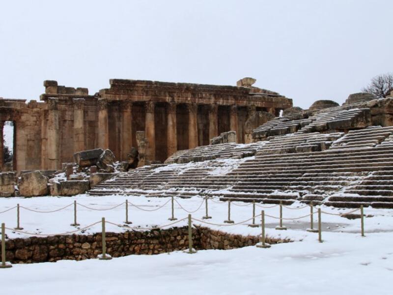 Partial view of the snow-clad Roman ruins in the city of Baalbeck in Lebanon's Bekaa valley. 
STRINGER / AFP