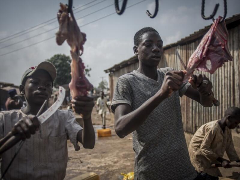 Kids cut cow meat at Kaduna Abatour meat market in North Kaduna CRISTINA ALDEHUELA / AFP