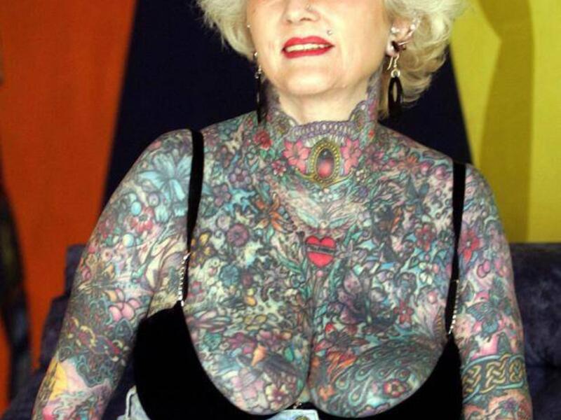 Briton Isobel Varley, 69, the world’s eldest tattooed woman according to the Guinness Book of Records, poses at a hotel in Buenos Aires, July 7, 2005. (AFP/ File Photo)