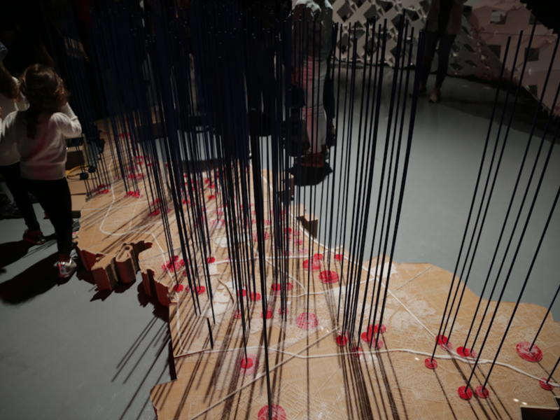 An installation by BRICKLAB that uses urban mapping to convey the layout and role of mosques in the city of Jeddah, with audio and visual elements. (Al Bawaba/Salim Essaid)