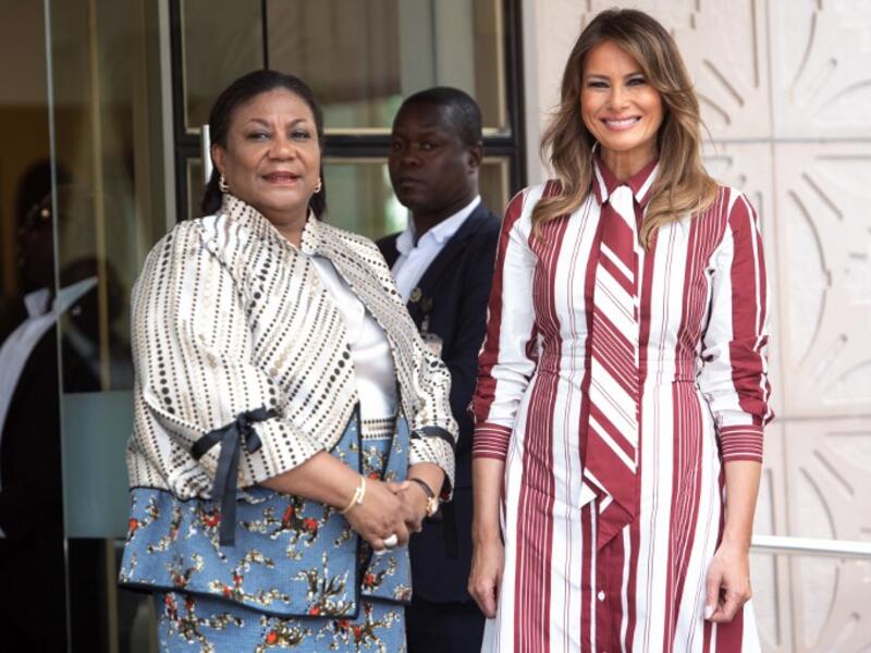 US First Lady Melania Trump (R) poses with Ghana's First Lady Rebecca Akufo-Addo prior to their meeting at Jubilee House in Accra, Ghana. (SAUL LOEB / AFP)