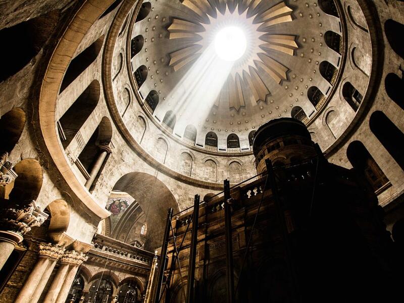Church of the Holy Sepulchre, Jerusalem 
According to traditions dating back to the fourth century, the church is home to two of the holiest sites in Christendom, the site where Jesus of Nazareth was crucified and Jesus's empty tomb. The construction of the church began in 325/326 (Twitter) 