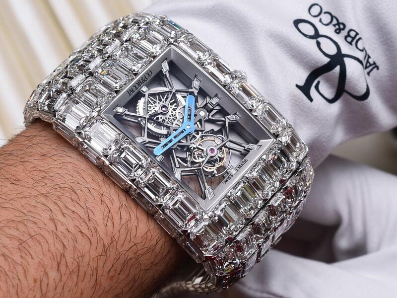Jacob & Co. Billionaire Watch  at $18 million: The Billionaire Watch has 260 carats of emerald-cut diamonds, 167 individual components, and 19 jewels. The bracelet and watch face are one seamless construction made in 18K white gold. (ablogtowatch.com)