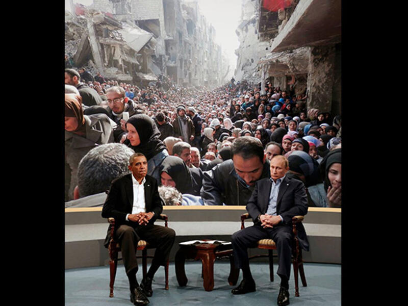The artist has expanded his lens beyond the Arab world, in this instance lampooning the impotent reaction by presidents Barack Obama and Vladimir Putin to the taking of Palestinian refugee camp Yarmouk by ISIS forces in Syria. They were purportedly distracted by the escalating conflict in the Ukraine.
