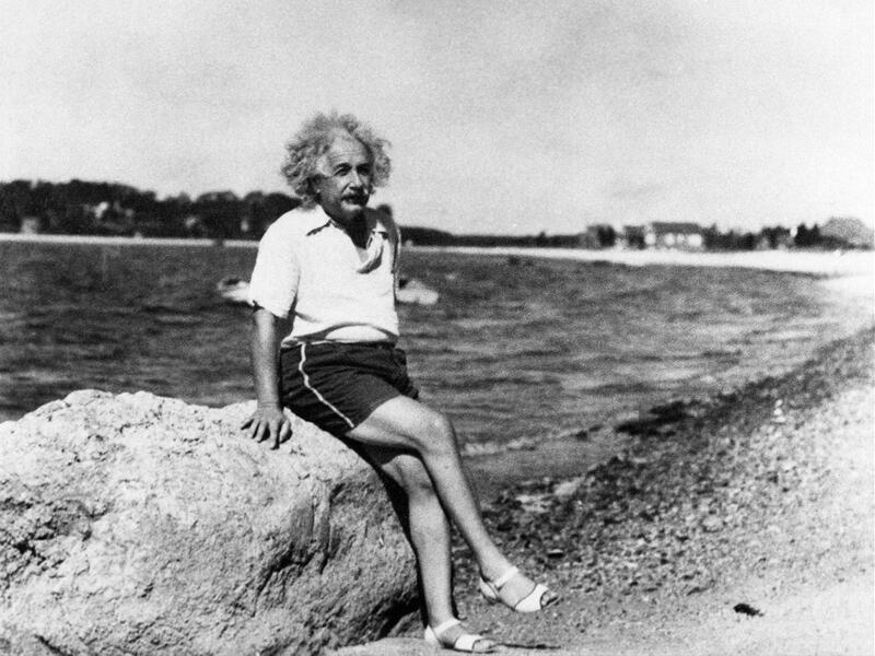 Einstein in shorts on the seaside 