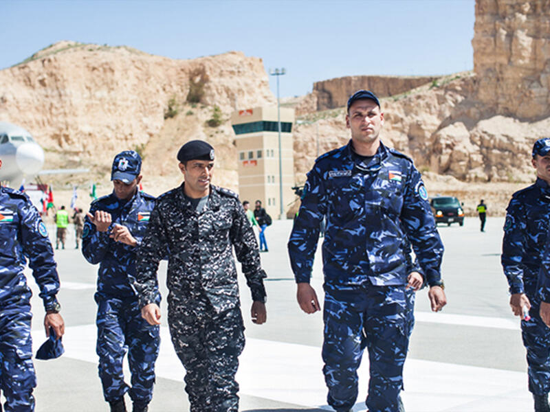 The Palestinian team walks toward their first exercise following the opening ceremonies of the seventh annual Warrior Competition. While some of the teams were members of armed forces, several, including the Palestinian team, were police or belonging to intelligence services.