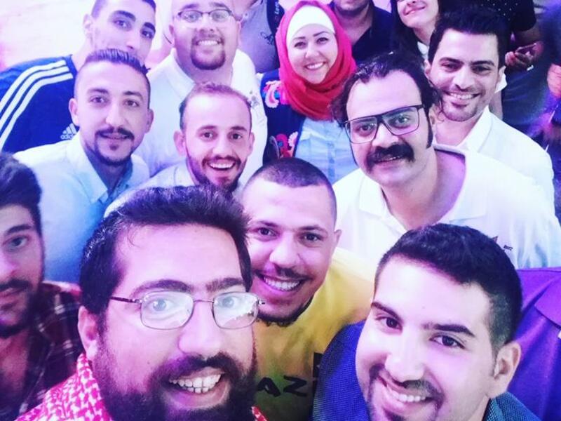 Ahmed Srour (bottom left) and other Jordanian entertainers pose for a selfie. (Facebook)