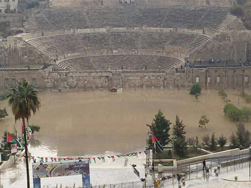 Jordan's Roman Amphitheater, located downtown, was flooded by massive rainwater Thursday. (Facebook)