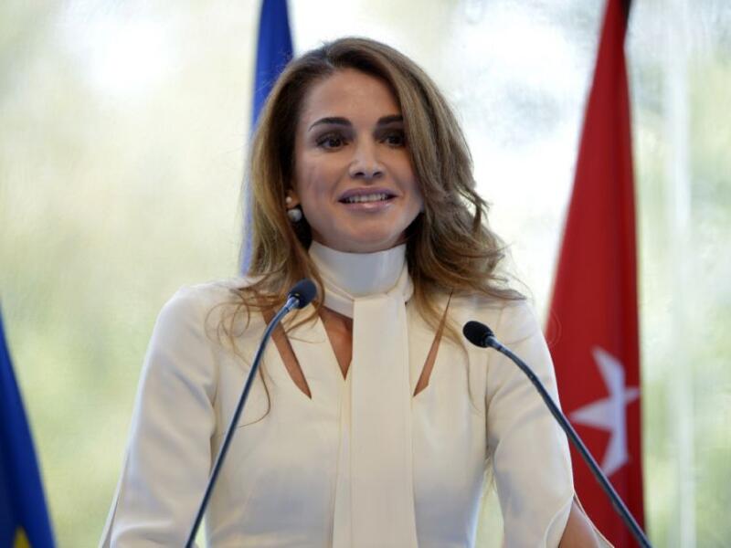 Queen Rania of Jordan delivers her speech at the Medef Summer Conference. (AFP Photo/Eric Piermont)