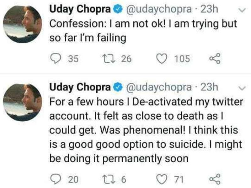 Bollywood actor Uday Chopra seems to have created quite a stir after posting two very depressing tweets on his official account (Twitter)