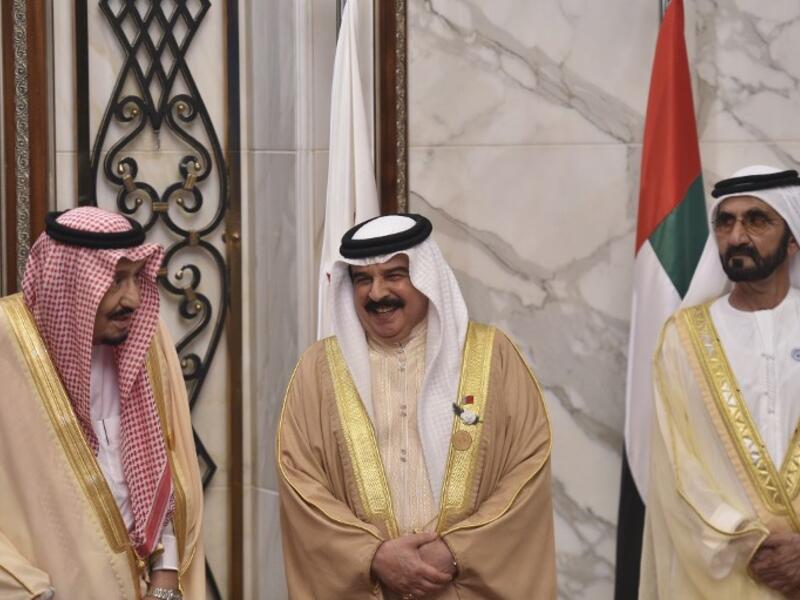 (From Left) Saudi Arabia's King Salman bin Abdulaziz, Bahrain's King Hamad Al-Khalifa and Vice President and Prime Minister of the United Arab Emirates Sheikh Mohammed bin Rashid Al Maktoum pose for a picture at the Diriya Palace in the Saudi capital Riyadh during the Gulf Cooperation Council (GCC) summit on December 9, 2018. Fayez Nureldine / AFP