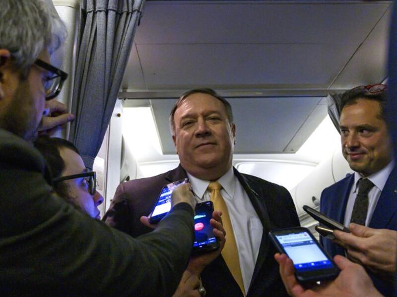 US Secretary of State Mike Pompeo speaks with the press on as he flies to the Middle East on January 7, 2019..
ANDREW CABALLERO-REYNOLDS / POOL / AFP
