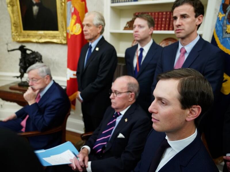 Senior Advisor Jared Kushner (R) and National Economic Council Director Larry Kudlow (2nd R) take part in a meeting between US President Donald Trump and China's Vice Premier Liu He in the White House. (AFP/ File)