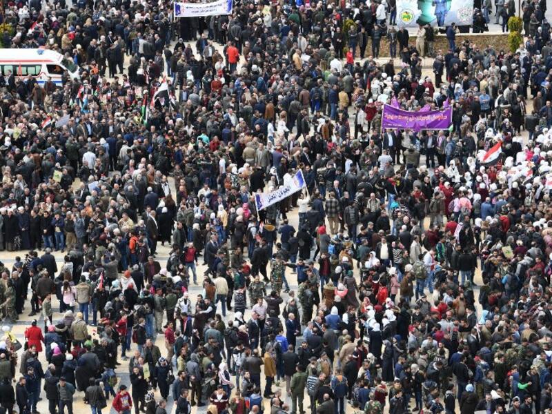 Syrians protest in the northern city of Aleppo against the US' decision to recognise Israel's sovereignty over the Golan Heights on March 26, 2019.
GEORGE OURFALIAN / AFP