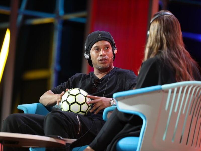Ronaldinho speaking at the Misk Global Forum on Wednesday. (Basheer Saleh/Arab News )
