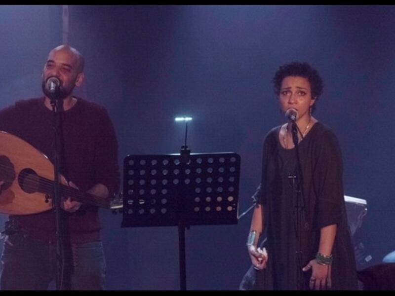 Tamer Abu Ghazaleh and Mariam Saleh front the Lekhfa gig at Beirut&Beyond, Saturday evening. (Photo by Lara Nohra, courtesy of Metro al-Madina)