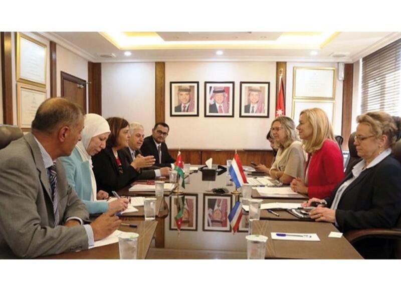 Dutch Minister for Foreign Trade and Development Cooperation Sigrid Kaag and her delegation meet with officials in Amman on Sunday. (Jordan Times)