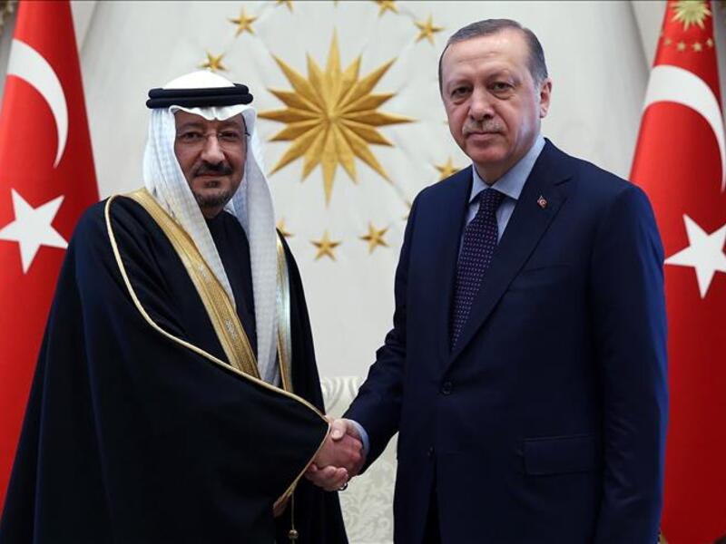Turkish President Recep Tayyip Erdogan (R) and Waleed Ben Abdel Karim El Khereiji (L), Saudi Arabian Ambassador to Turkey, shake hands during their meeting at presidential complex in Ankara, Turkey on February 07, 2017. (Presidency of Turkey)