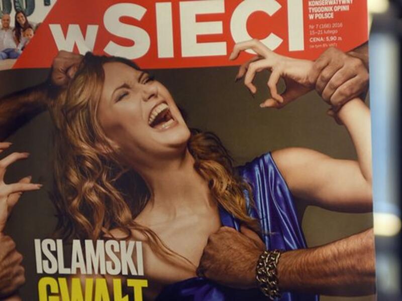 Some Twitter users compared the image used in wSieci for an article referring to the Cologne sexual assaults, to Nazi propaganda. The words translate as "The Islamic rape of Europe". (AFP/Janek Skarzynski)