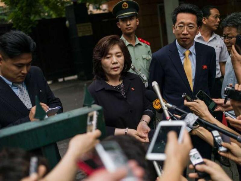 North Korean Talks Deputy Representative Choe Son Hui (C) speaks to the media at the gates of North Korea's Embassy in Beijing. (AFP/ File Photo)