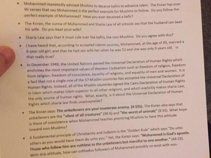 The questionnaire handed out to local Muslim constituents. (Twitter) 