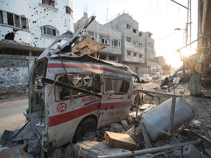A destroyed ambulance in Gaza, 2014. Moshe Ya'alon was defense minister during Israel's bloody bombing campaign of the enclave (Wikimedia)