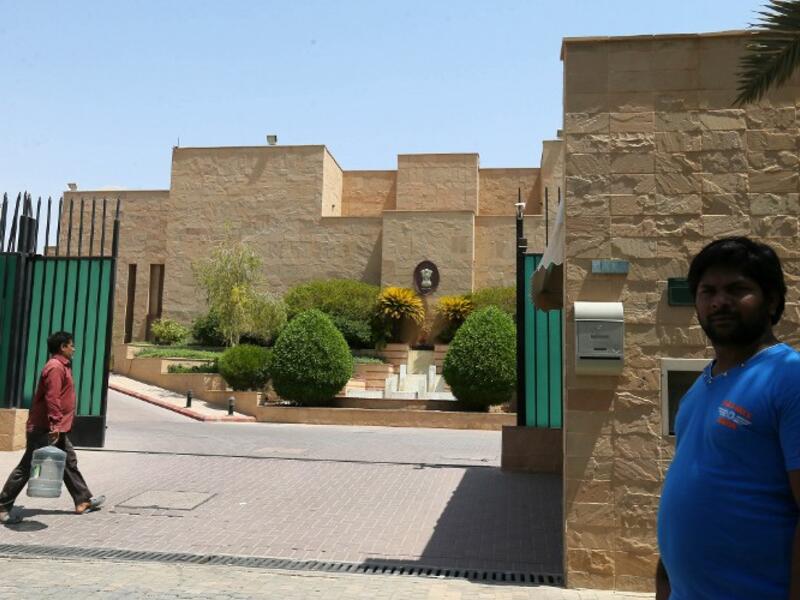 A picture shows the Indian embassy in the Saudi capital Riyadh on August 2, 2016. New Delhi was working to feed more than 10,000 Indian labourers stranded in the Gulf with no wages after losing their jobs, in what Foreign Minister Sushma Swaraj called a "food crisis". (AFP/Stringer)