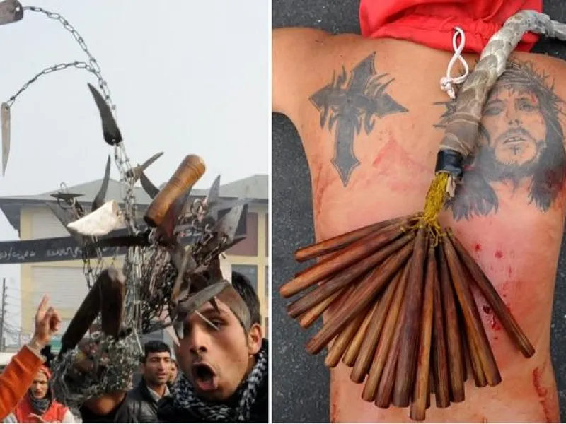 Some Shia men emulate the suffering of Hussein by flagellating themselves with chains or cutting their foreheads with
their palms until blood streams. This can turn quite extreme & frenzied as can get competitive 
& riled up. Not so dissimilar to some devoted Christians at Easter, who self-inflict physical suffering in remembrance of Jesus.