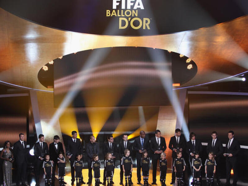 FIFA World XI award including Cristiano Ronaldo,Maicon,Lucio,Gerard Pique,Iker Casillas, front row L to R: David Villa,Lionel Messi,Wesley Sneijder,Xavi,Andres Iniesta,Puyol.