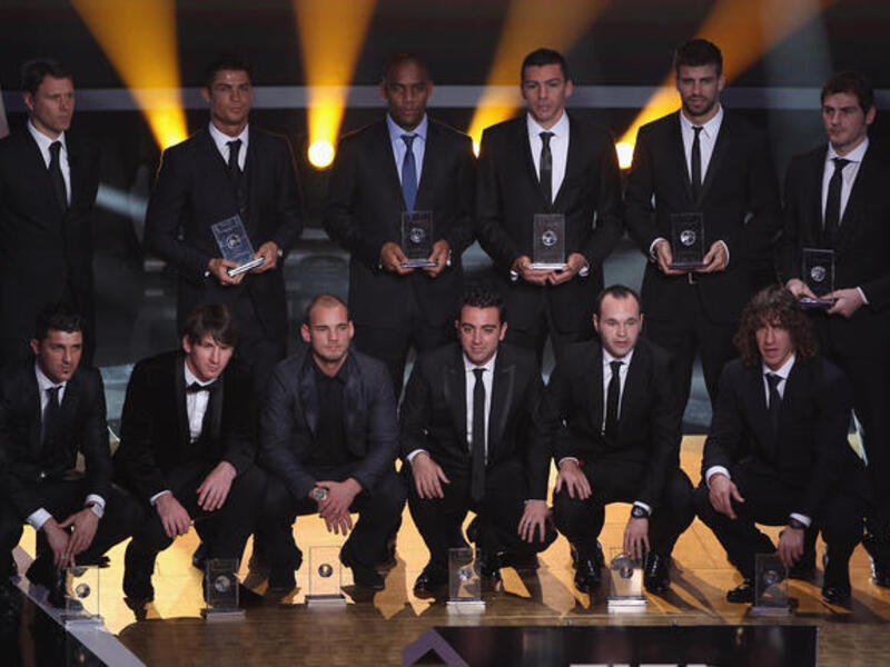FIFA World XI award players back row L to R: Marco Van Basten who presented the award,Ronaldo,Maicon,Lucio,Gerard Pique,Iker Casillas, front row L to R: David Villa,Lionel Messi,Wesley Sneijder,Xavi,Andres Iniesta,Puyol.