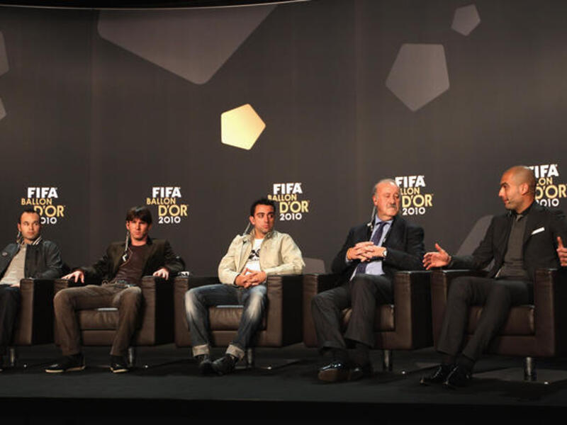 L to R: Andres Iniesta of Spain, Lionel Messi of Argentina, Xavi of Spain, Vicente Del Bosque coach of Spain and Pep Guardiola coach of Barcelona.