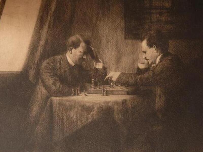 Incongruous: this endangered leader keeping his brain active, is not an isolated image of tyrants' leisurely activity: A painted depiction of a 100 year-old chess
game between Adolf HItler and Vladimir Lenin, signed by the 2 dictators. Even though their real-life
moves aren't always the smartest..