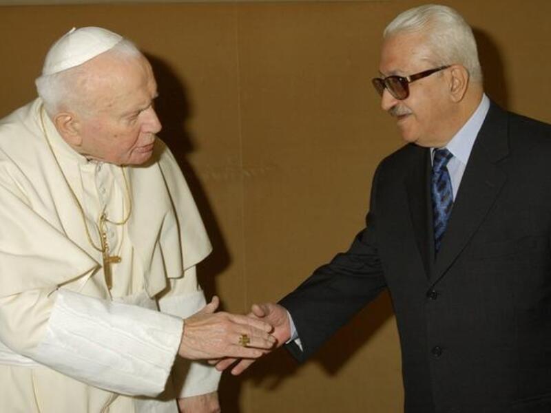 Pope John Paul II receives Iraq's Deputy PM Tarek Aziz at the Vatican