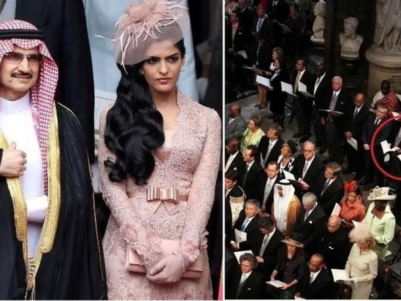  كان الأمير السعودي الوليد بن طلال وعقيلته من ضمن الحاضرين و في الصورة أحد المدعوين الخليجين وهو يمسك بكتاب الترانيم في الكنيسة (يمين).