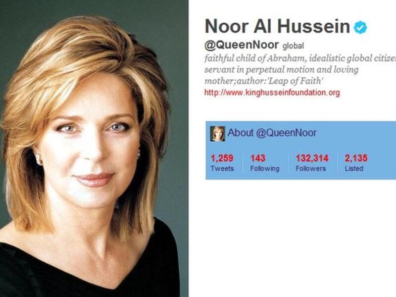 @QueenNoor: The widow of King Hussein; queen 'dowager' of Jordan. She uses Twitter as her mouthpiece for her international activism; & her channel for promoting her King Hussein Foundation. She recently tweeted touching tributes to her son Hamzeh's marriage to her new daughter in-law, 'beautiful inside & out'. She interacts with her followers.
