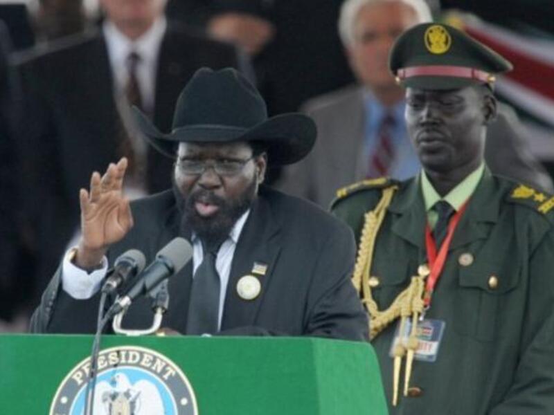 The President of Southern Sudan Salva Kiir addresses a large crowd gathered for the ceremony in the capital Juba.