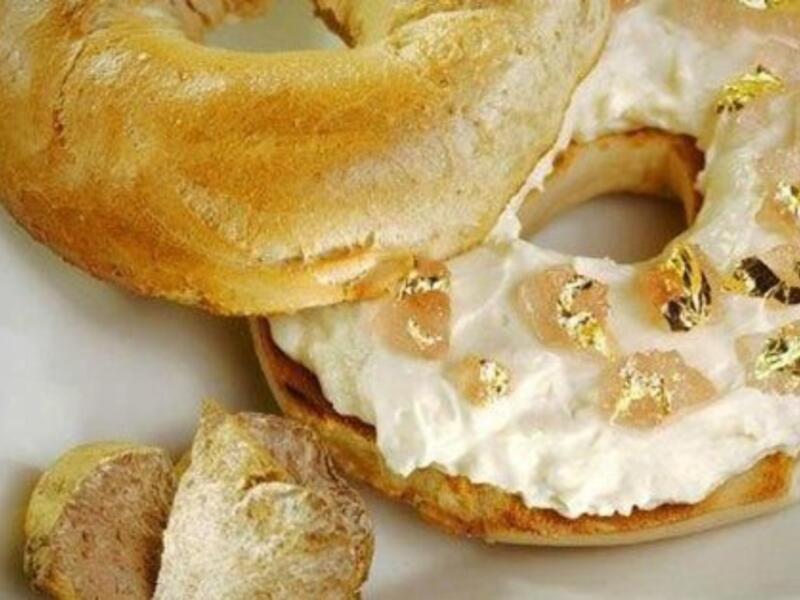Westin Hotel bagel - $1,000
Luxurious snack is made from white Alba truffle cream cheese and goji berry-infused Riesling jelly, complete with real gold leaf shavings (Twitter)