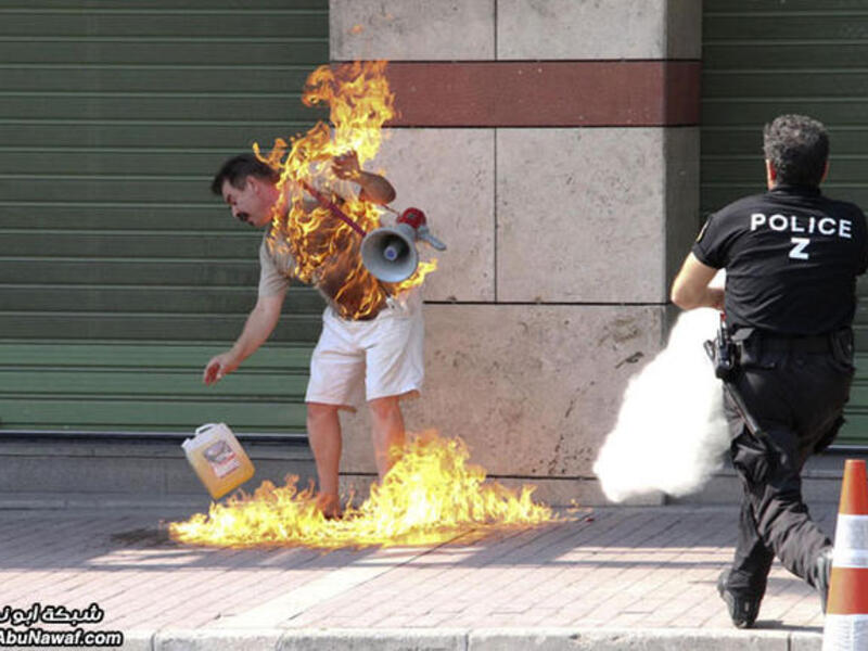 This fortuitously hapless Greek tried self-immolation multiple times before being rescued by 
bystanders who unfortunately (or fortunately) had seen this kind of thing before in a square in Tunisia. Despair from bankruptcy caused this Greek debt victim to give up in public frustration. What worked for Arabia does not necessarily cut it in Europe.