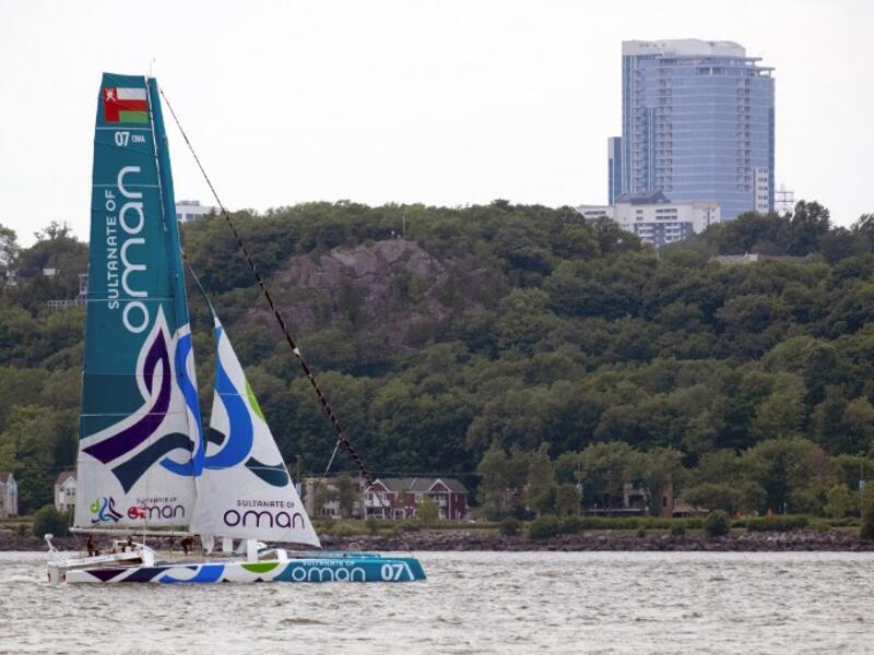 The Sultanate of Oman's Musandam-Oman Sail (Ultimate class) sails on St. Lawrence River on July 13, 2016 for the Transat Quebec Saint-Malo race in Quebec City. 
Florence Cassisi / AFP