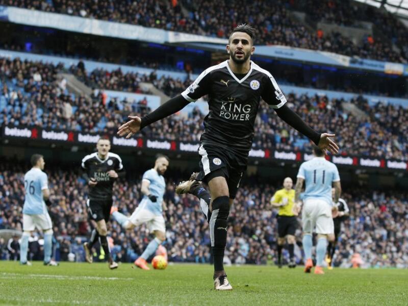 Leicester City's Algerian midfielder Riyad Mahrez celebrates scoring his team's second goal during the English Premier League football match against Manchester City at the Etihad Stadium in Manchester, north west England, on February 6, 2016. 