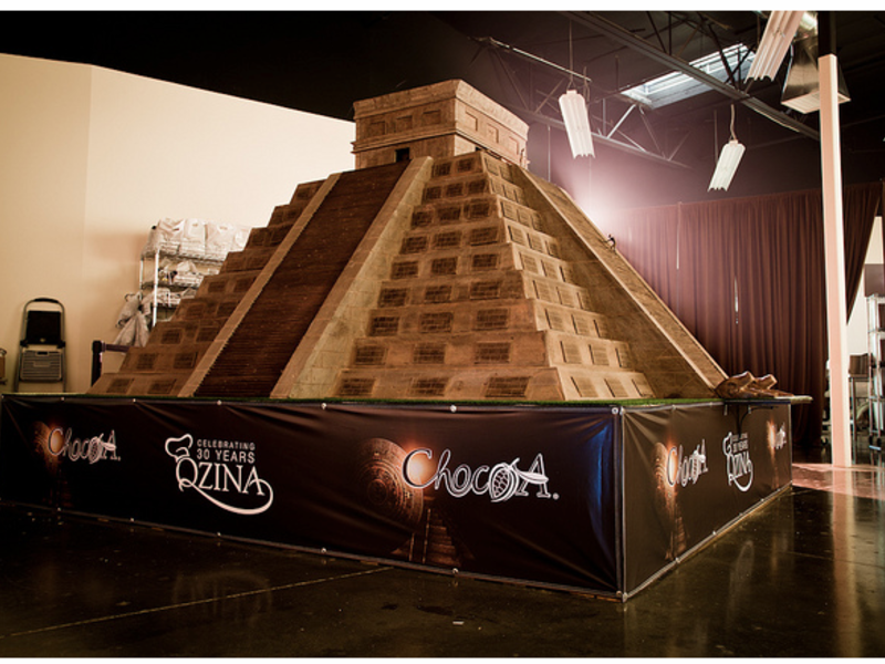A 18,000 pound chocolate structure – modeled after the Mayan temples.  This required an entire team of builders and pastry experts. (mrkate.com)